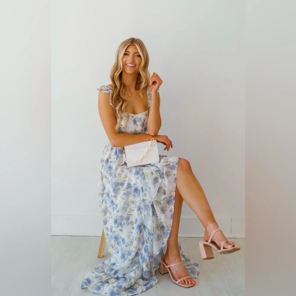SOLD NWT BLUE AND WHITE FLORAL MAXI RUFFLE DRESS WITH SLIT - FORMAL DRESS - Picture 3 of 15
